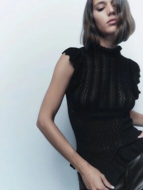 Black Zara sleeveless pointelle knit top with ruffled trim- size M